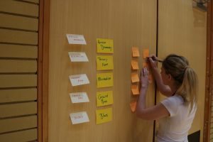 A woman writing on a post-it note next to other post-it notes on a wooden door